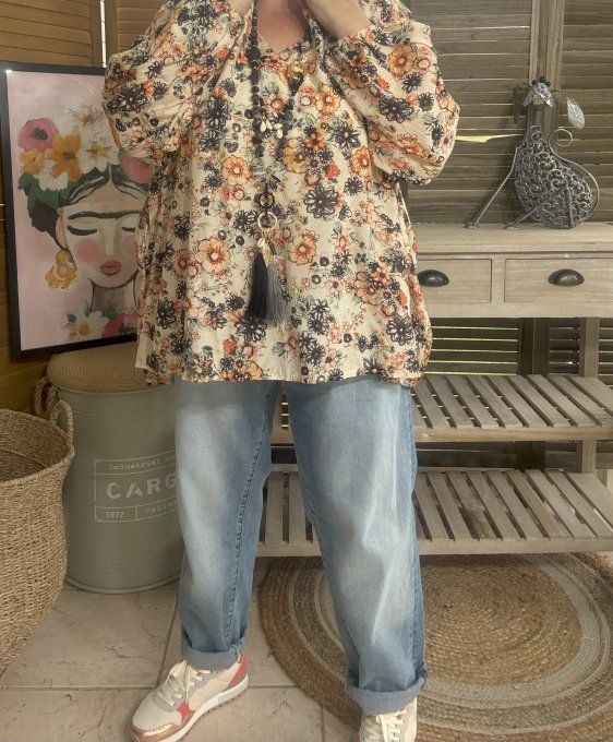 Blouse ample crème coton & soie Fleurs Liberty du 42 au 54/56