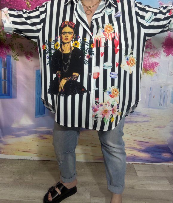 Chemise rayée noire et blanche manches réglables Tattoo Frida Kahlo & Fleurs du 40 au 50/52