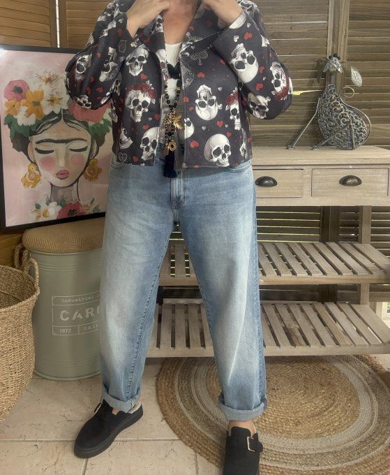Veste courte façon perfecto suédine noire Mexican Skulls du 36 au 46