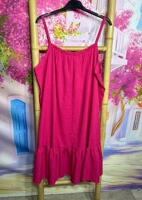 Robe à bretelles trapèze volantée courte cannelée Fuschia douceur ++++ du 38 au 48/50 