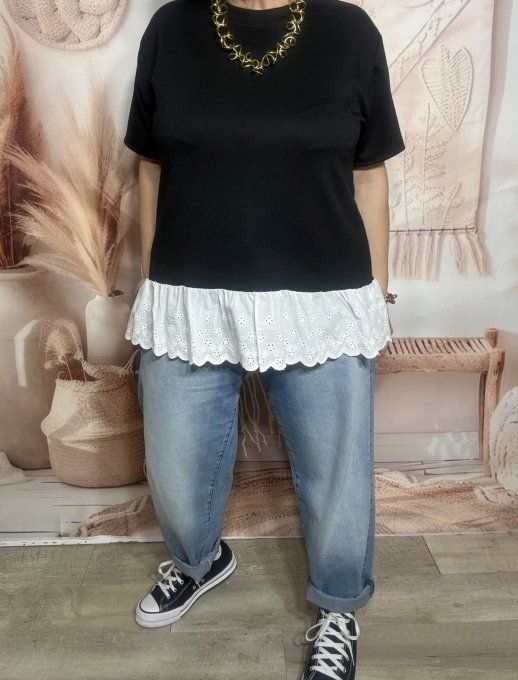 Top trapèze noir volants broderie anglaise blanche douceur +++ du 36 au 46/48