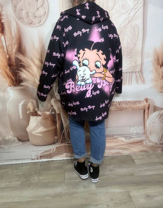 Gilet à capuche oversize noir & rose Betty Boop du 42 au 56 et même + 