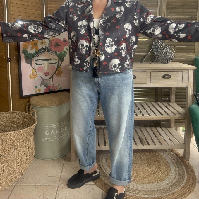 Veste courte façon perfecto suédine noire Mexican Skulls du 36 au 46