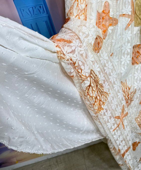 Robe trapèze dentelle blanche doublée Étoiles Coraux coquillages orangés Bohème Chic du 38 au 52