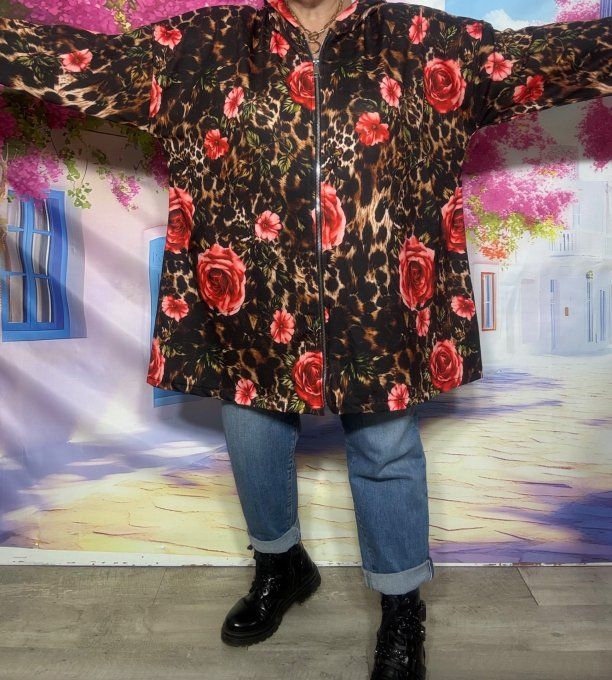 Gilet à capuche oversize Léopard chocolat et Fleurs rouges roses du 42 au 54/56 et même + 