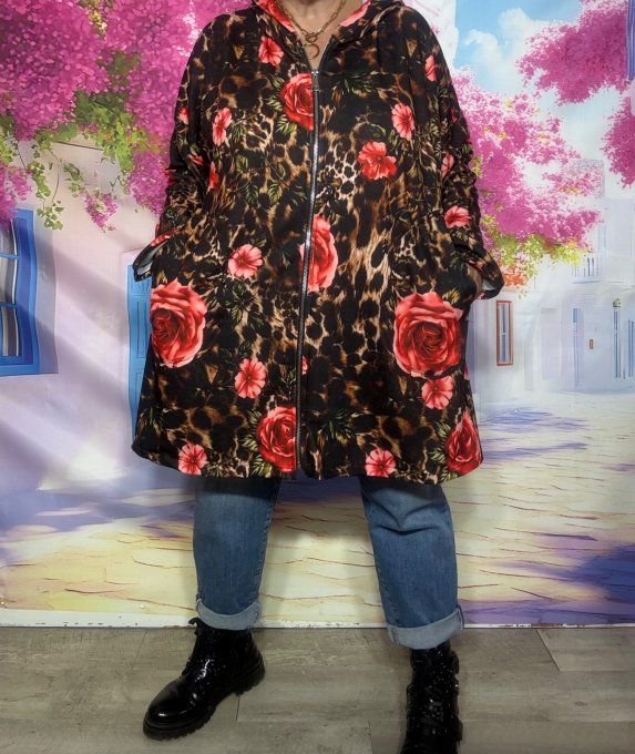 Gilet à capuche oversize Léopard chocolat et Fleurs rouges roses du 42 au 54/56 et même + 