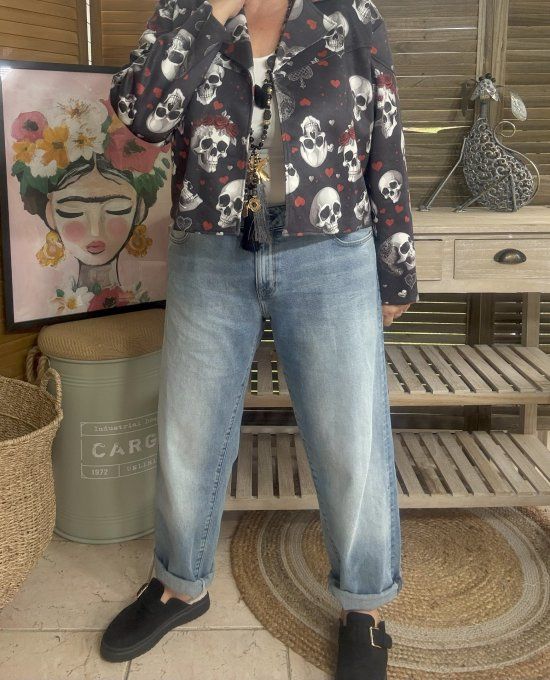 Veste courte façon perfecto suédine noire Mexican Skulls du 36 au 46