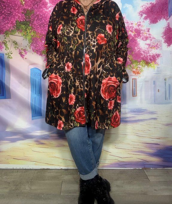 Gilet à capuche oversize Léopard chocolat et Fleurs rouges roses du 42 au 54/56 et même + 