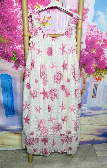 Robe trapèze dentelle blanche doublée Étoiles Coraux coquillages Fuschia Bohème Chic du 38 au 52