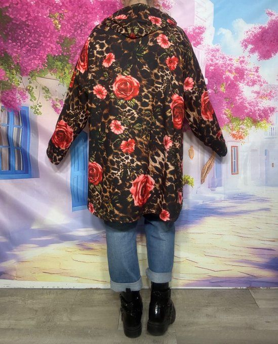 Gilet à capuche oversize Léopard chocolat et Fleurs rouges roses du 42 au 54/56 et même + 