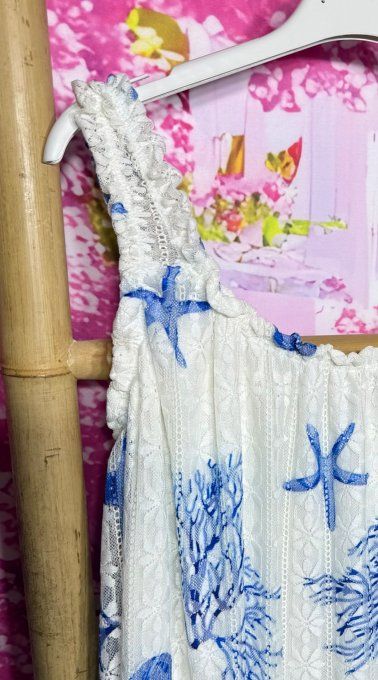 Robe trapèze dentelle blanche doublée Étoiles Coraux coquillages bleus Bohème Chic du 38 au 52