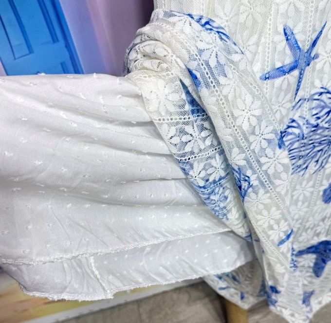 Robe trapèze dentelle blanche doublée Étoiles Coraux coquillages bleus Bohème Chic du 38 au 52
