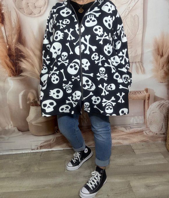 Gilet à capuche oversize noir Skulls Calaveras blanches Allover du 42 au 56 et même +  