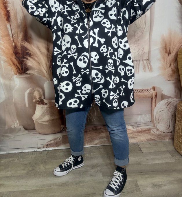 Gilet à capuche oversize noir Skulls Calaveras blanches Allover du 42 au 56 et même +  