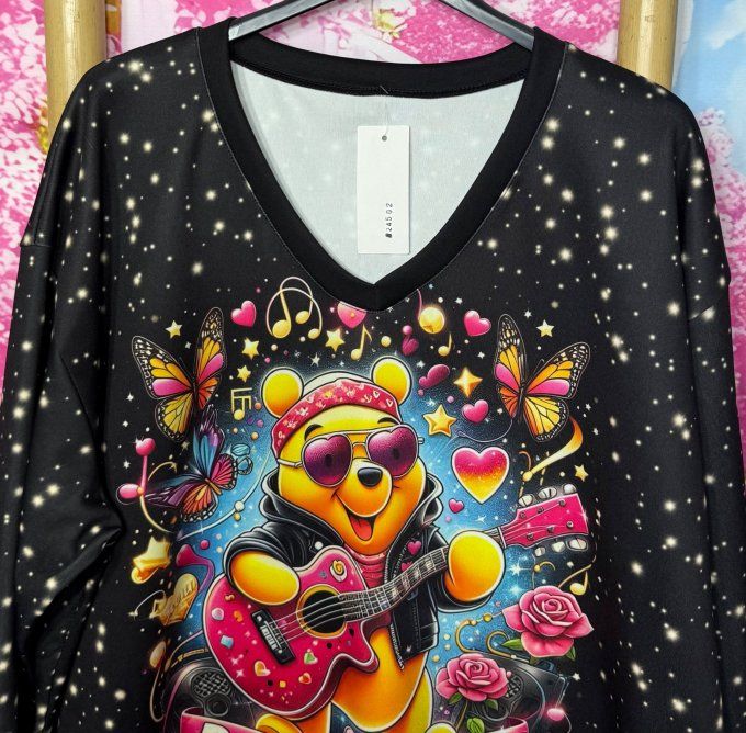 Sweat ample Col V noir étoilé Winnie L'Ourson Rock & Roll confort +++ du 40 au 50/52