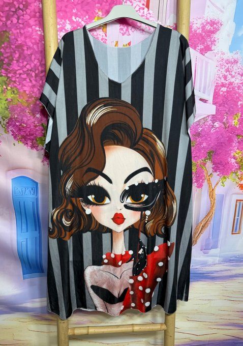 Robe droite oversize ou maxi-tunique lycra rayée noire et grise Pretty Chic 50' Woman du 40 au 52
