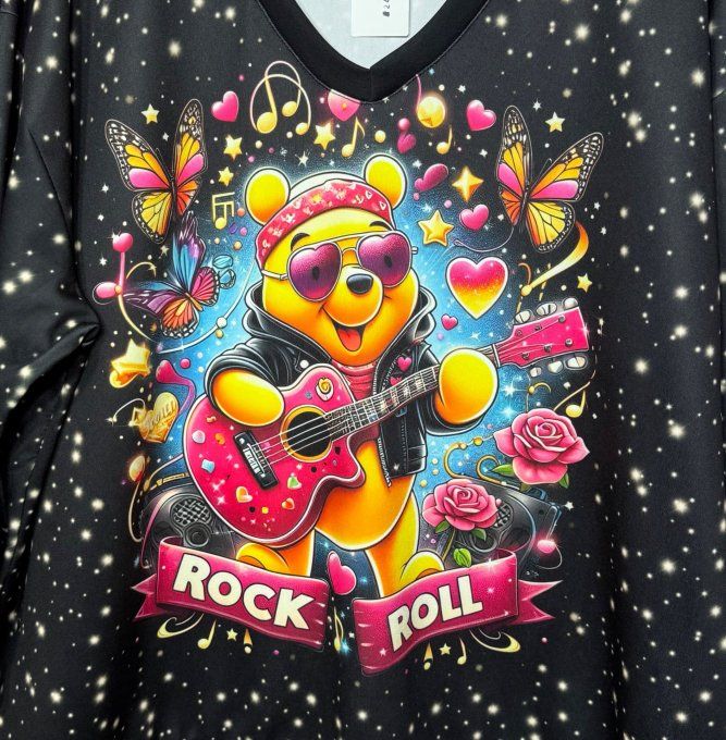 Sweat ample Col V noir étoilé Winnie L'Ourson Rock & Roll confort +++ du 40 au 50/52