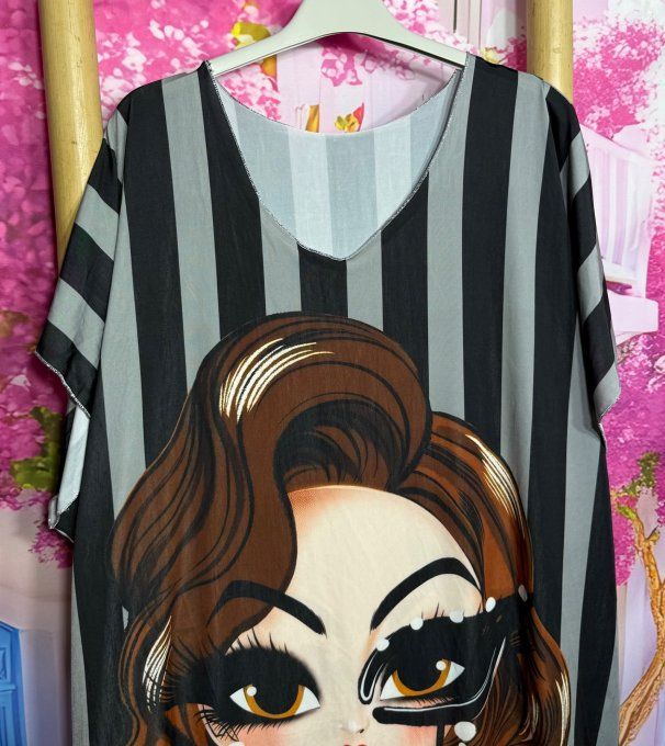 Robe droite oversize ou maxi-tunique lycra rayée noire et grise Pretty Chic 50' Woman du 40 au 52