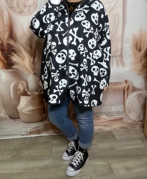 Gilet à capuche oversize noir Skulls Calaveras blanches Allover du 42 au 56 et même +  