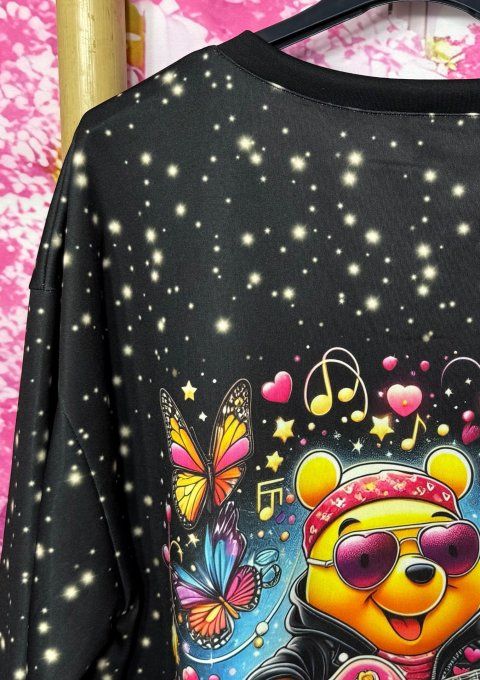 Sweat ample Col V noir étoilé Winnie L'Ourson Rock & Roll confort +++ du 40 au 50/52