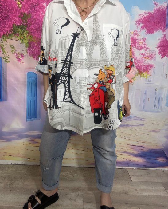 Chemise blanche effet BD manches réglables Tintin & Milou à Paris du 40 au 50/52