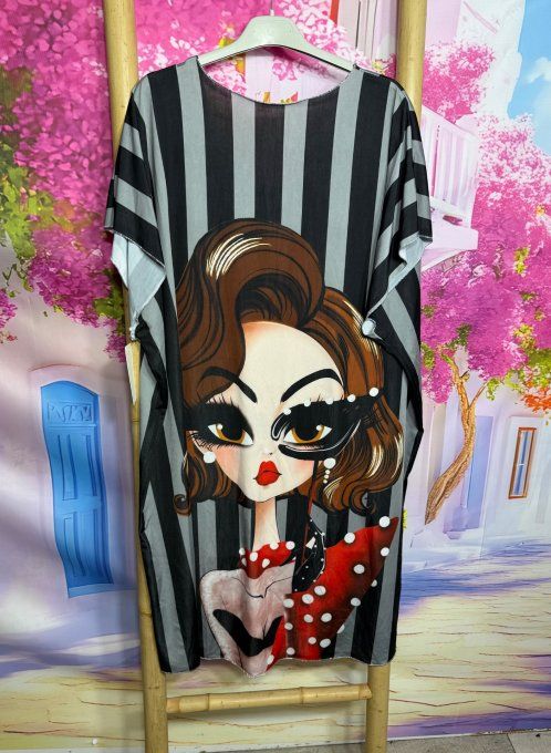 Robe droite oversize ou maxi-tunique lycra rayée noire et grise Pretty Chic 50' Woman du 40 au 52