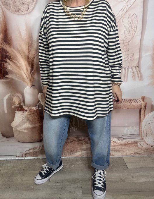 Top marinière oversize rayé noir et crème Les Basiques du Dressing du 42 au 56 