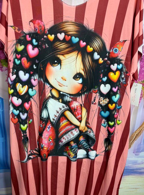 Robe droite oversize ou maxi-tunique lycra rayée rouge rose La Fillette Hippie Chic du 40 au 52