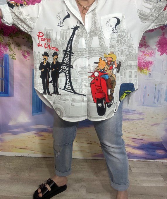 Chemise blanche effet BD manches réglables Tintin & Milou à Paris du 40 au 50/52