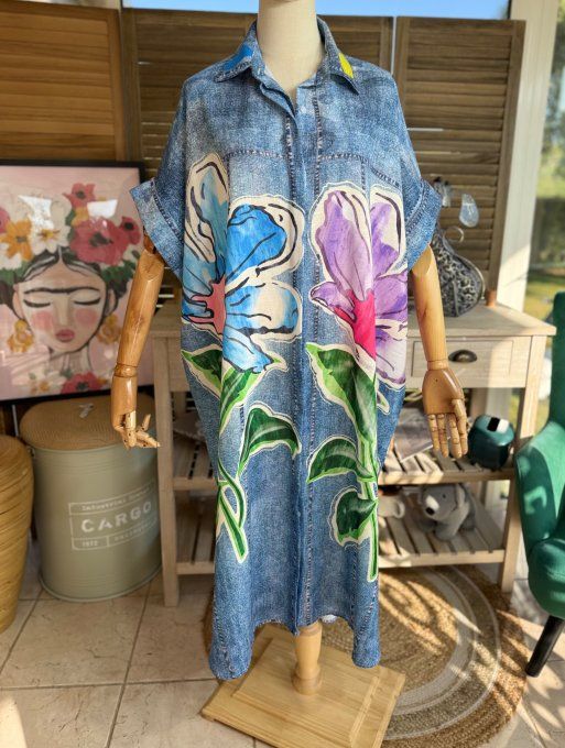 Robe-chemise longue oversize effet jeans délavé Les Fleurs Exotiques du 40 au 52 et même +