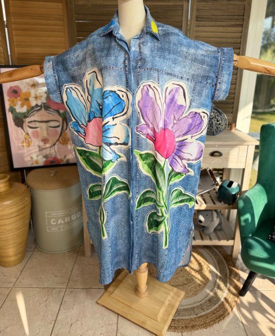 Robe-chemise longue oversize effet jeans délavé Les Fleurs Exotiques du 40 au 52 et même +