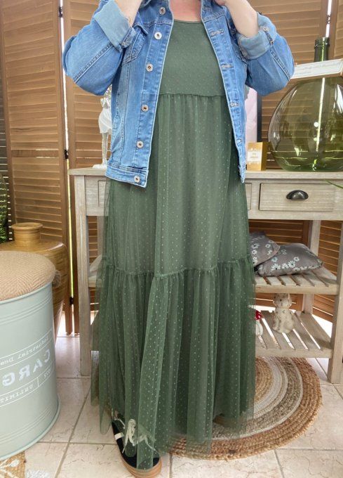 Fond de robe long tulle Kaki et plumetis  bretelles réglables du 38 au 46/48 