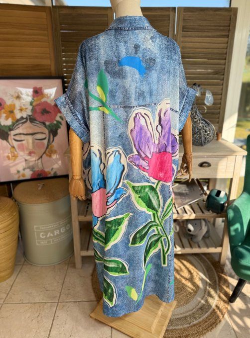 Robe-chemise longue oversize effet jeans délavé Les Fleurs Exotiques du 40 au 52 et même +