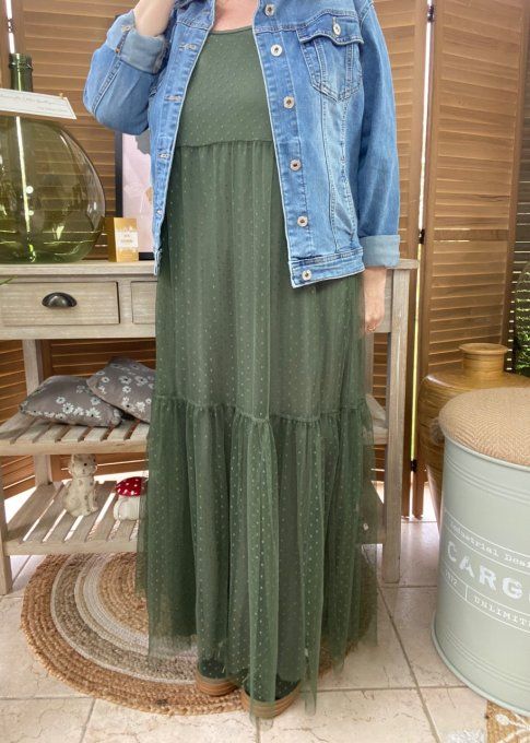 Fond de robe long tulle Kaki et plumetis  bretelles réglables du 38 au 46/48 