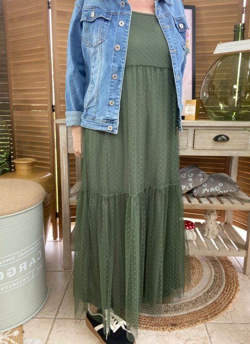 Fond de robe long tulle Kaki et plumetis  bretelles réglables du 38 au 46/48 