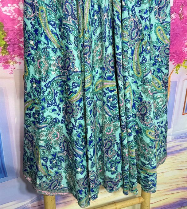 Panta-jupe en soie cuisses larges ceinture smockée Cachemire bleu turquoise du 38 au 50/52