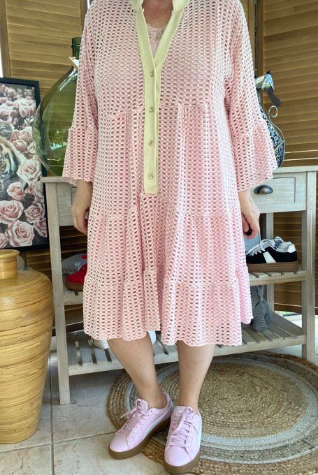 Robe trapèze ample maille ajourée Rose poudré et lurex doré or du 42 au 50/52