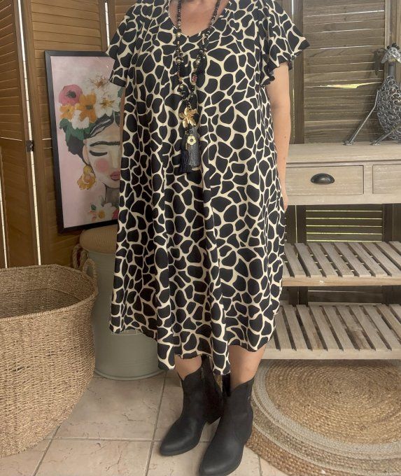 Robe trapèze asymétrique noire et beige Ethnique Girafe du 40 au 52/54 