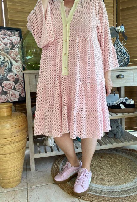 Robe trapèze ample maille ajourée Rose poudré et lurex doré or du 42 au 50/52