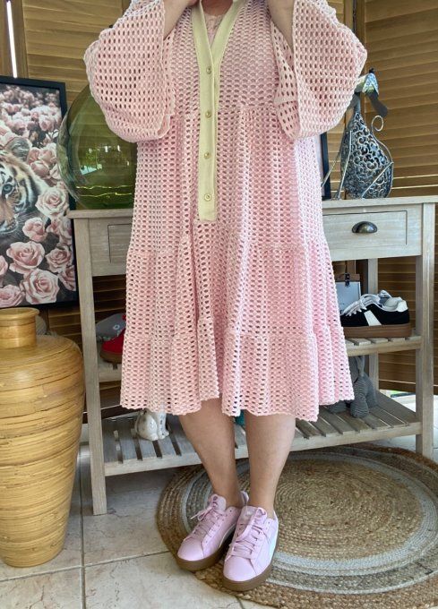 Robe trapèze ample maille ajourée Rose poudré et lurex doré or du 42 au 50/52