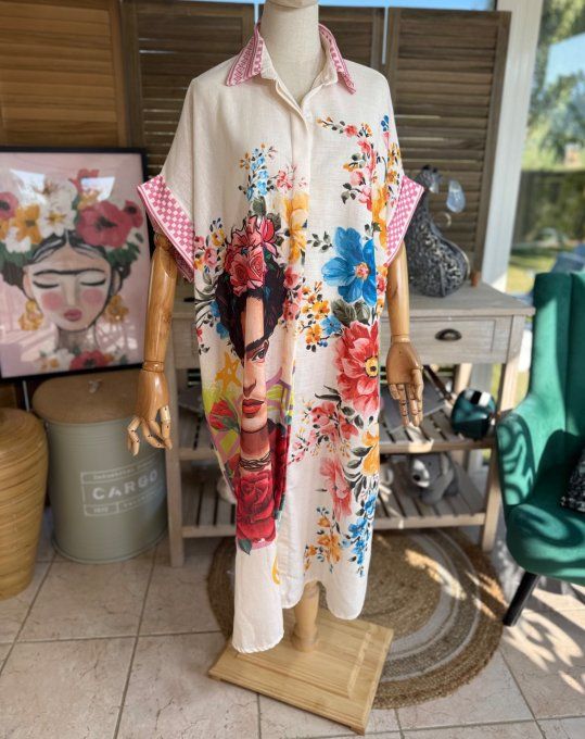 Robe-chemise longue oversize écrue Frida Kahlo aux Fleurs du 40 au 52 et même + 