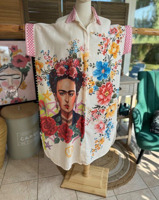 Robe-chemise longue oversize écrue Frida Kahlo aux Fleurs du 40 au 52 et même + 