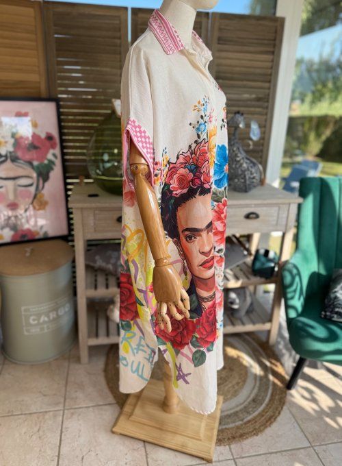 Robe-chemise longue oversize écrue Frida Kahlo aux Fleurs du 40 au 52 et même + 