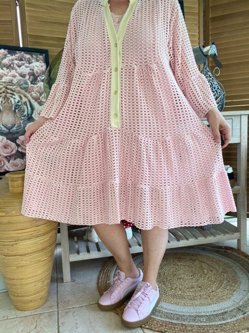 Robe trapèze ample maille ajourée Rose poudré et lurex doré or du 42 au 50/52