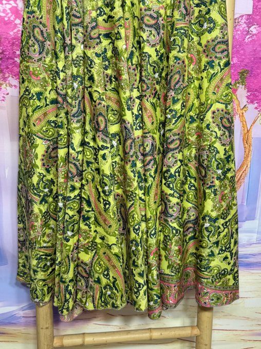 Panta-jupe en soie cuisses larges ceinture smockée Cachemire vert anis Pistache du 38 au 50/52