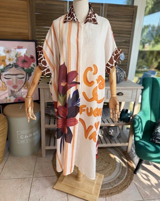 Robe-chemise longue oversize écrue Frida Kahlo Esprit Savane du 40 au 52 et même +