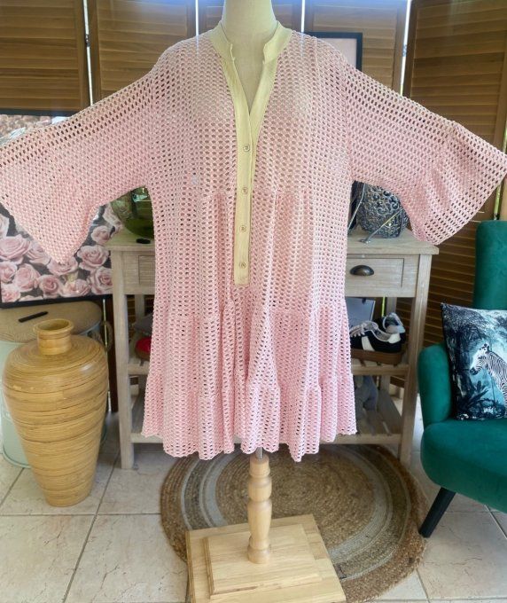 Robe trapèze ample maille ajourée Rose poudré et lurex doré or du 42 au 50/52
