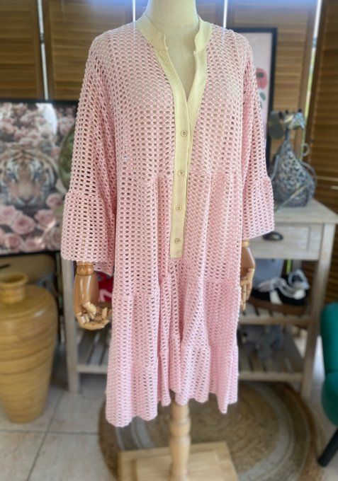 Robe trapèze ample maille ajourée Rose poudré et lurex doré or du 42 au 50/52