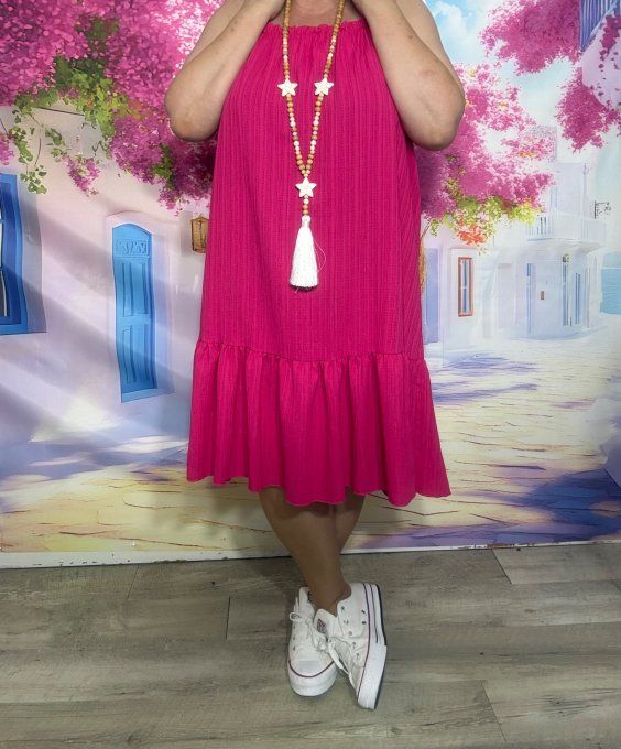 Robe à bretelles trapèze volantée courte cannelée Fuschia douceur ++++ du 38 au 48/50 