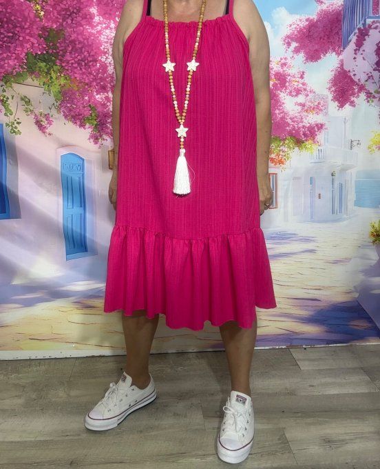 Robe à bretelles trapèze volantée courte cannelée Fuschia douceur ++++ du 38 au 48/50 